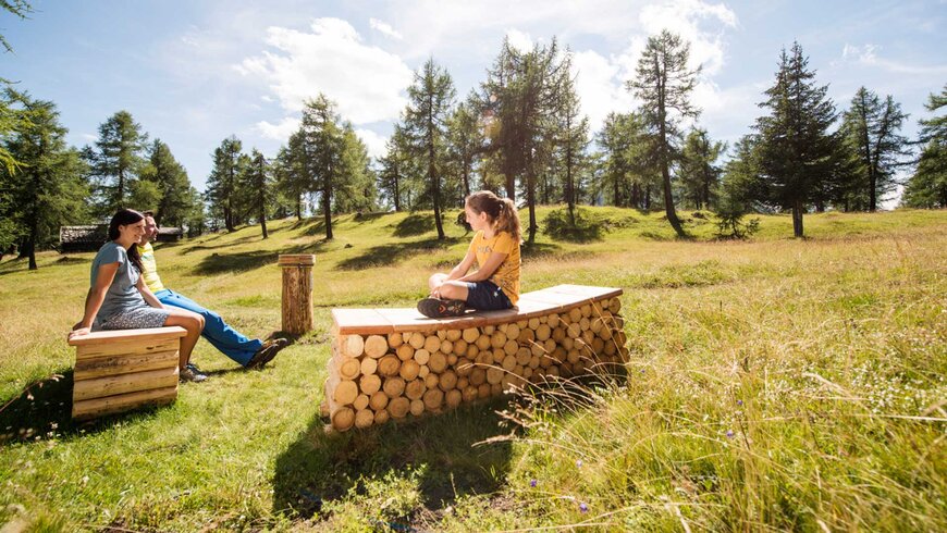 Drei Personen sitzenWährend dem Sommerurlaub in Tirol auf Holzbänken in einer sonnigen, grünen Berglandschaft, umgeben von Bäumen.