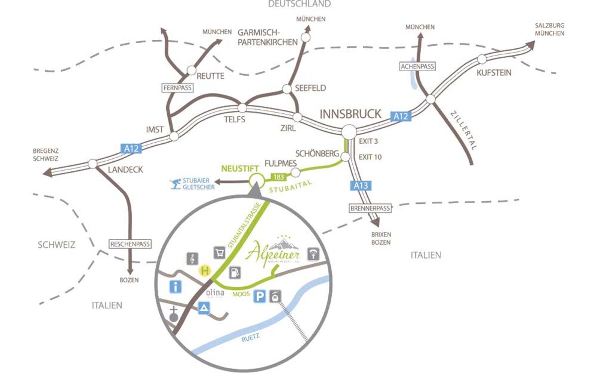 Eine Karte zeigt die Anfahrtsroute zum Stubaital, einschließlich der Autobahnen und Hauptverkehrswege von Deutschland, Italien und der Schweiz.