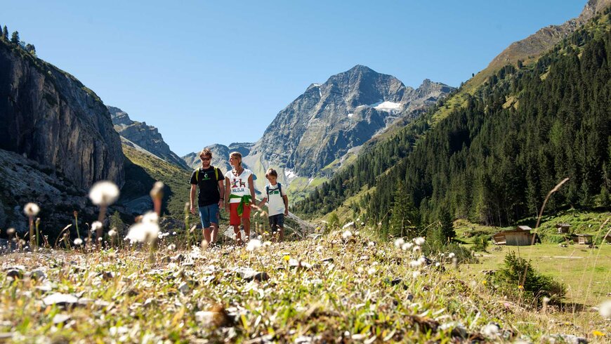 Familie wandert durch die Landschaft bei einem Spaziergang mit Hund