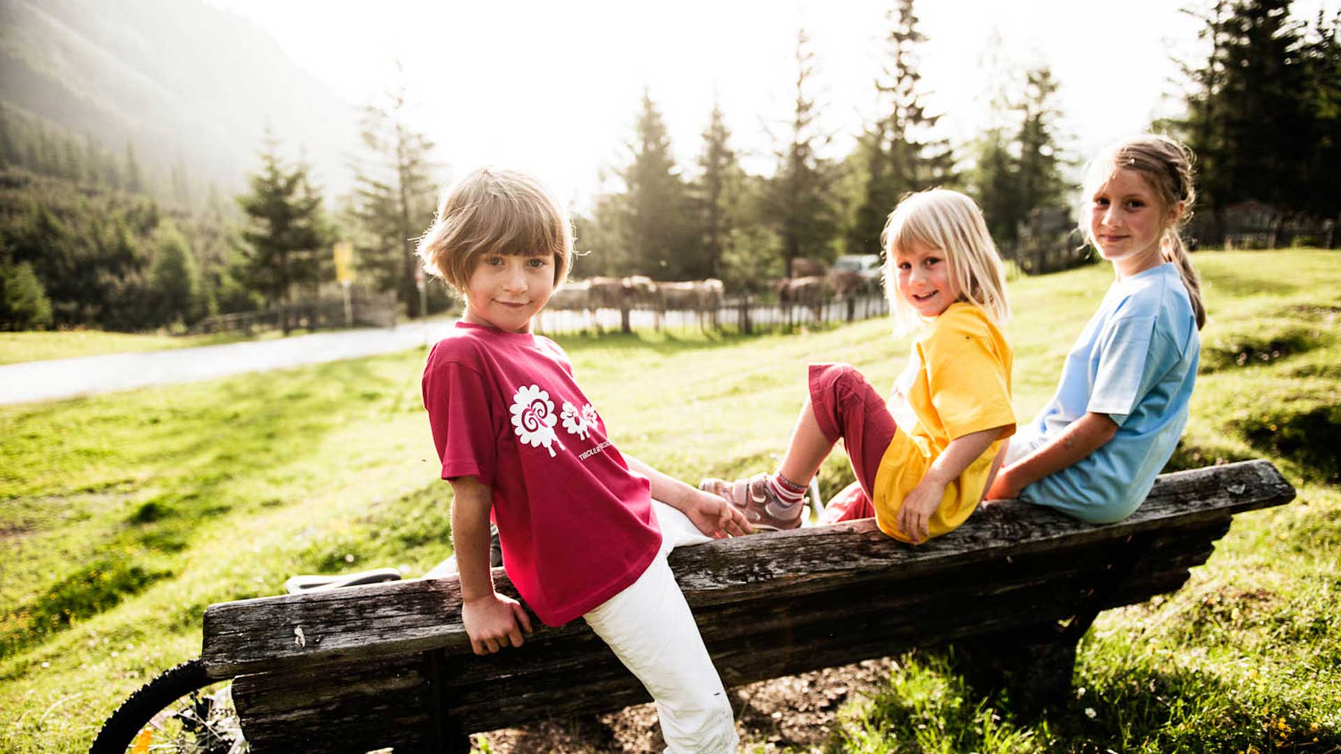 Kinder genießen die Natur bei einem Sommerurlaub mit der Familien in Tirol auf einer Holzbank im Grünen.